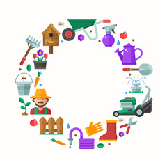 Spring gardening and landscaping border frame with text space. Lawn and garden background with different gardening icons including grass-cutter, wheelbarrow and happy farmer. Springtime card in flat.