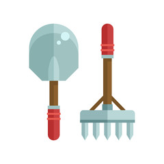 Spade shovel and rake icons. Gardening tools illustration in flat design.