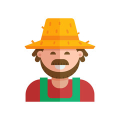 Happy farmer in straw hat vector illustration. Smiling gardener man with moustache and beard. Farm or garden worker vector icon in flat design.