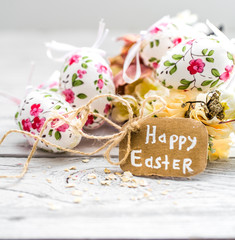 Easter composition with eggs in a wooden box