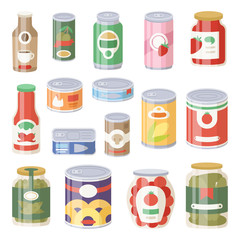 Collection of various tins canned goods food metal container grocery store and product storage aluminum flat label conserve vector illustration. - 138647467