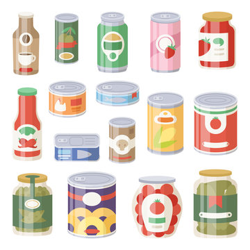 Collection of various tins canned goods food metal container grocery store and product storage aluminum flat label conserve vector illustration.