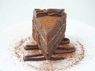 Food background. Piece of chocolate cake isolated on white. Slice of fresh brownie arranged on white plate.  Close-up image. Selective focus on the front.
