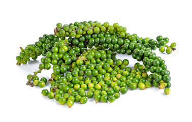 Fresh green peppercorns isolated on white background