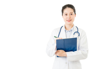 asian doctor holding pen writing medical case on clipboard
