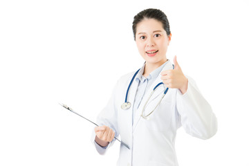 asian doctor holding medical case clipboard thumbs up