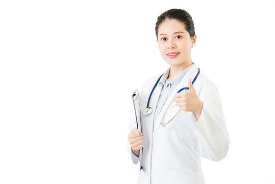 asian doctor holding medical case clipboard thumbs up