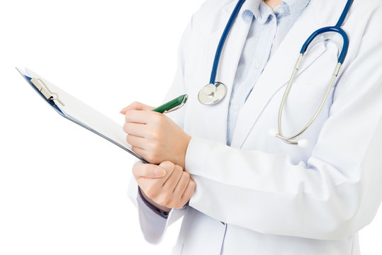 asian doctor holding pen writing medical case on clipboard