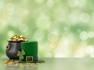 Fototapeta 3d render of black pot full of gold coins and leprechaun hat obraz
