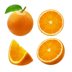 Whole orange fruit and slices isolated on white background.Clipping path