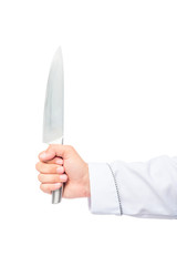 arm chef holding a sharp knife on a white background closeup