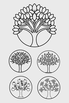Icons set of trees. Black and white.