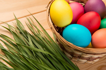 spring grass and Easter eggs in a basket closeup