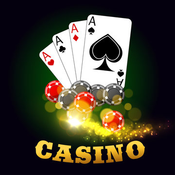 Casino gambling vector poster. Poker cards suits of hearts, diamonds, spades, clubs with gaming dices and poker cards. Las Vegas sparkling lights and golden letters on green table