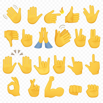 Set of hands icons and symbols. Emoji hand icons. Different gestures, hands, signals and signs, alpha background vector illustration.