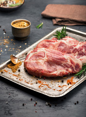 Juicy piece of meat on steel tray on dark surface