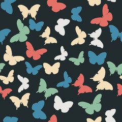 Vector seamless pattern with random blue, green, creamy butterflies on black background. Vintage elegant child baby design for wrapping, textile, fabric, invitation, greeting, wedding cards, websites