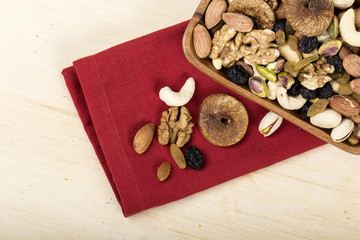 Assorted nuts, dry fruits, mix nuts, almond, walnut, pistachio, cashew, raisin, berry