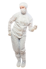 cheerful chemist dancing on a white background isolated in a protective suit