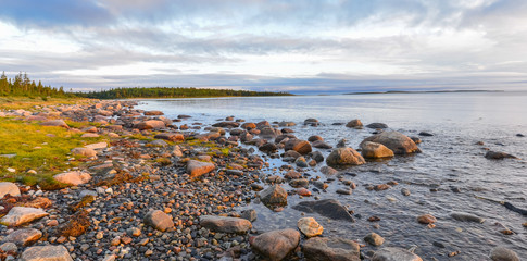 Landscape coastline of the Big Solovetsky Island at sunset. Solovki Archiprlago, White Sea, Russia.