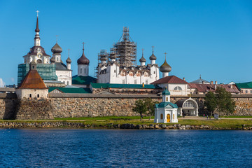 Fototapeta premium View of the Holy - Trinity cathedral and bell-tower of the Solovetsky Monastery. Solovki archipelago, White Sea, Russia.