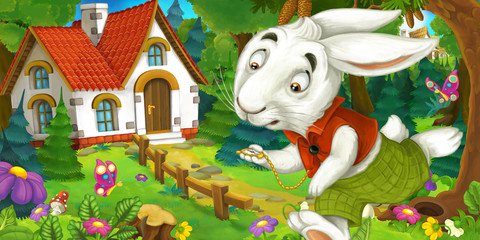 cartoon background of an old house in the forest funny rabbit is hurrying and running illustration for children