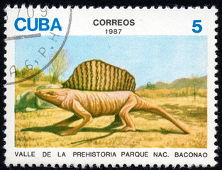 UKRAINE - CIRCA 2017: A stamp printed in Cuba, shows a extinct animals from the park of dinosaurs in the reserve Baconao, the series Valle de la prehistoria parque nac. Baconao, circa 1987 © Amateur007