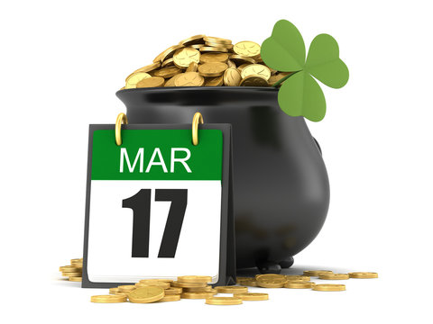 3d render of black pot full of gold coins with shamrock and a calender