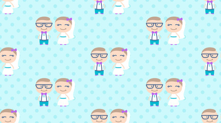 hipster wedding couple, cartoon groom and bride, vector seamless pattern