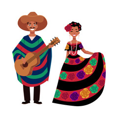 Mexican man and woman in traditional national clothes for celebrations and carnivals, cartoon vector illustration isolated on white background. Mexican people, man and woman, in national costumes