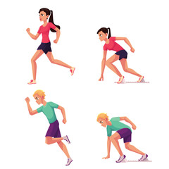 Obraz na płótnie Canvas Set of runners, male and female, running and standing on starting blocks, cartoon vector illustration isolated on white background. Man and woman running and ready to run, sprint, track and field