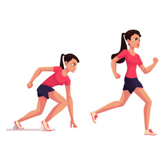 Obraz na płótnie Canvas Young and pretty female runner, sprinter, jogger, ready to start and running, cartoon vector illustration isolated on white background. Woman, girl running, sprinter, track and field, competition
