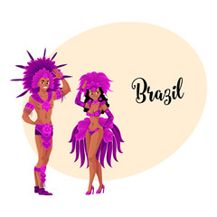 Man and woman dressed for Brazilian carnival in Rio de Janeiro, samba dancers in feather suits, cartoon vector illustration with place for text. Brazilian couple in carnival feather suits