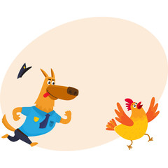 Funny shepherd dog character in blue police uniform chasing a chicken, cartoon vector illustration with place for text. Funny police dog character running after cackling chicken