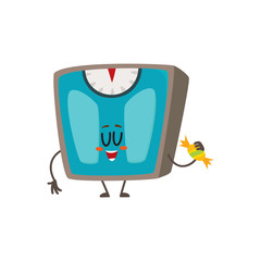 Funny bathroom weight scale character with smiling human face holding a candy, cartoon vector illustration isolated on white background. Smiling bathroom scale character, weight management tool