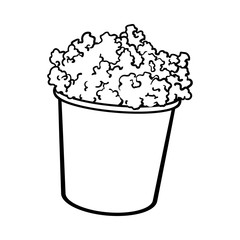 Cinema popcorn in a big striped bucket, sketch style black and white vector illustration isolated on background. Popcorn bucket, traditional cinema, movie theatre attribute, food, snack