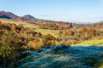Autumn landscape, trees with colorful leaves, frost on green grass, autumn mountain in fog in the background.