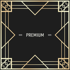 Vector geometric frame in Art Deco style. Square abstract element for design. Light golden lined shape. Sandblasting ornament.