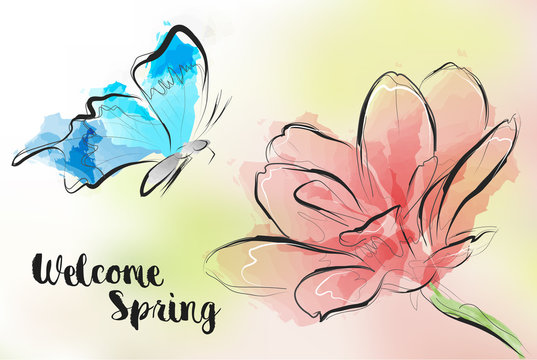 Welcome spring. Greeting card with a butterfly flying to a flower.