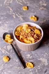 healthy breakfast, granola and corn flakes