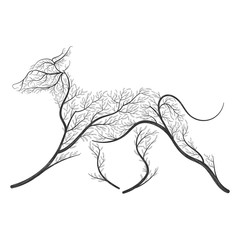 Farm animals. Stylized bushes pet dog