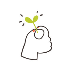 Hand holding green leafs. Vector hand drawn illustration