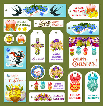 Easter tag and label set. Decorated egg, spring flower, Easter cake, floral cross and wreath with ribbon bow, flying swallow bird, pussy willow tree twig cartoon symbols for Easter holidays design