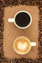 Hot coffee black coffee on wood table
