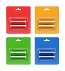 Vector Set of Cyan Blue Red Green Yellow Golden Glossy Alkaline AA Batteries in Cyan Blue Red Green Yellow Orange Blister Packed for branding Close up Isolated on White Background