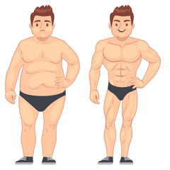 Cartoon muscular and fat man, guy before and after sports. weight loss and diet vector lifestyle concept