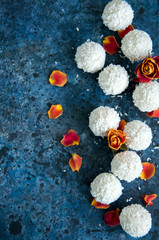 White chocolate truffles covered with coconut shavings