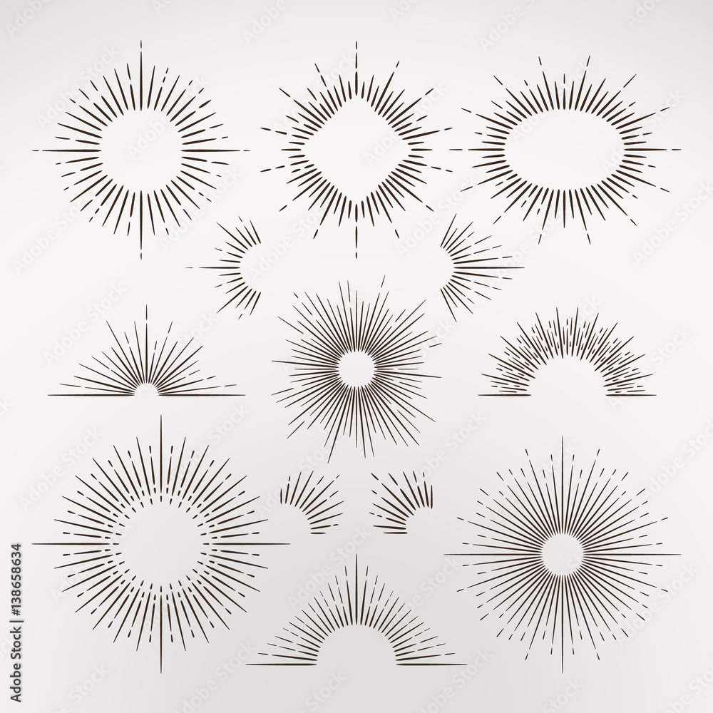 Poster abstract sun burst rays with border and frames vintage art vector set