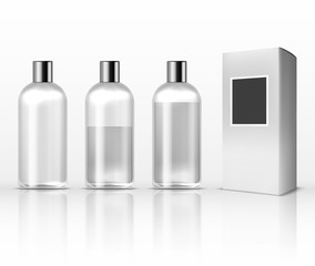Cosmetic clear plastic bottles, empty transparent lotion containers isolated on white vector set
