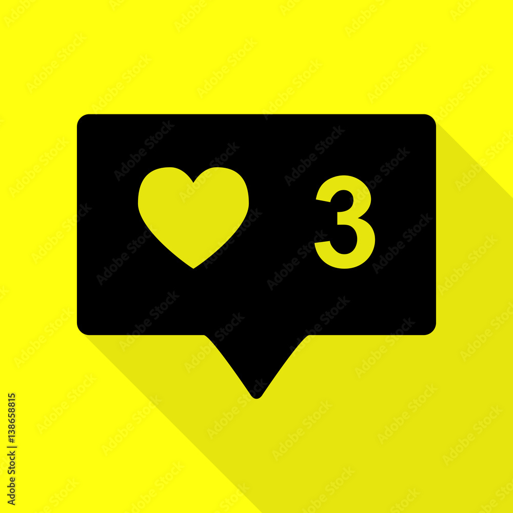 Poster like and comment sign. black icon with flat style shadow path on yellow background.